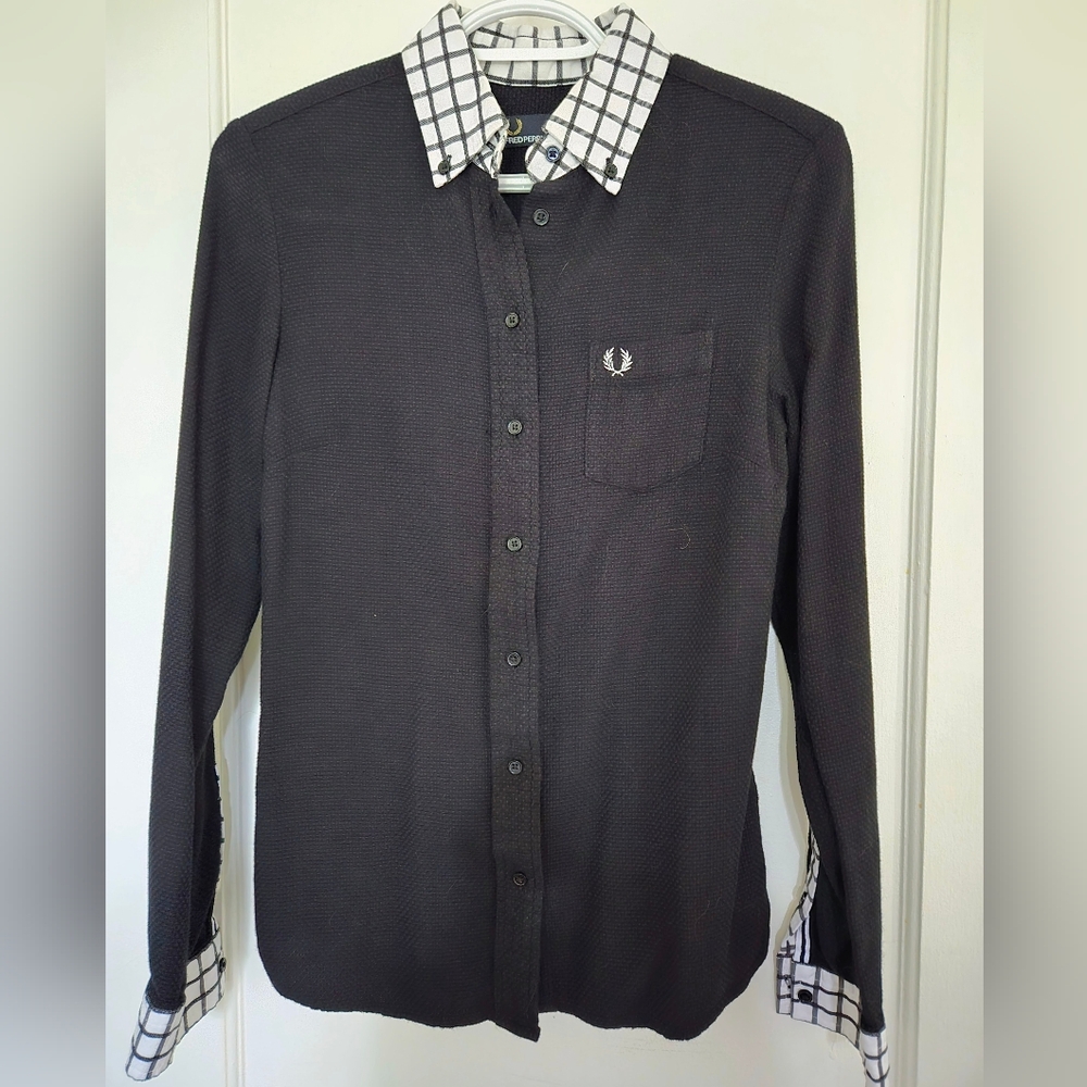 Fred Perry Women's Black Window Pane Long Sleeve Shirt Checkered Prep